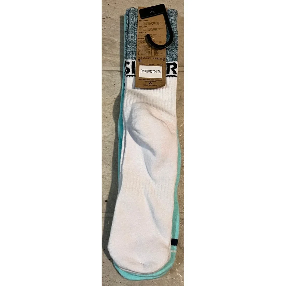 Quiksilver Mens 2 Pair Crew Socks Aqua White Cushioned QK332843TD-LTB Size 8-11